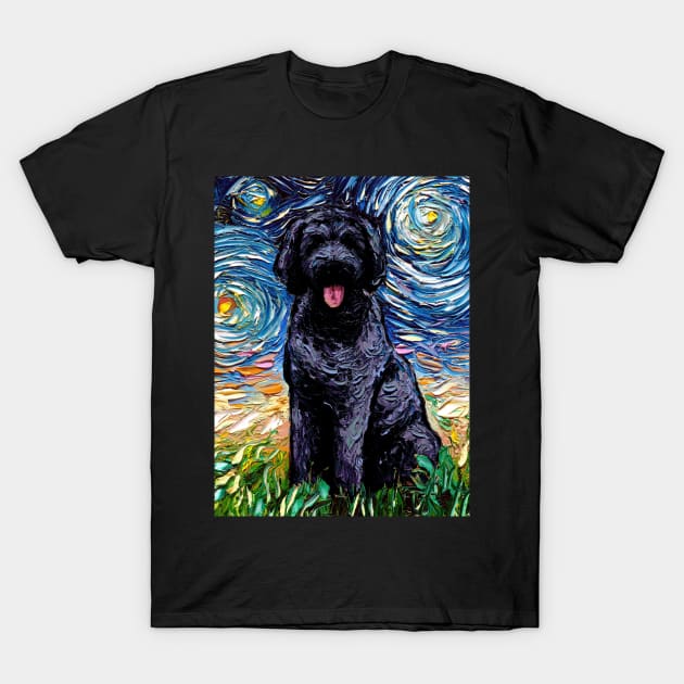 Black Goldendoodle Night (Portrait) T-Shirt by sagittariusgallery